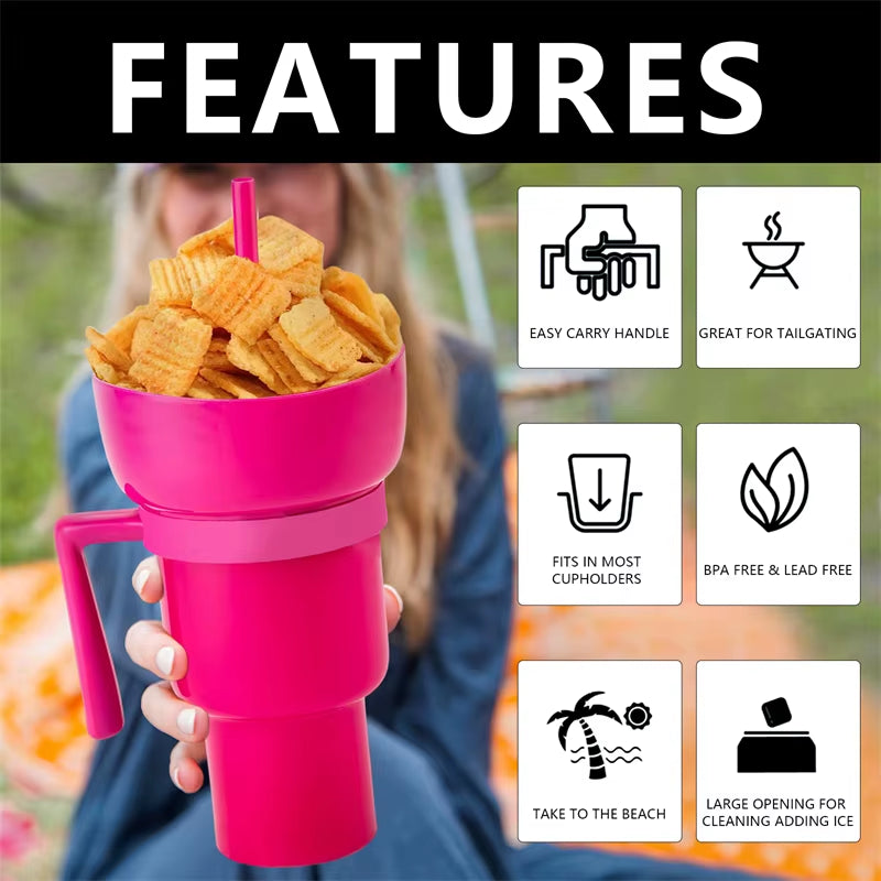 Stadium Tumbler Popcorn Drink Cola Cup 2 in 1 Snackies Cup Portable Splash Snack Bowl Chicken Storage Bowl with Handle Straw Cup