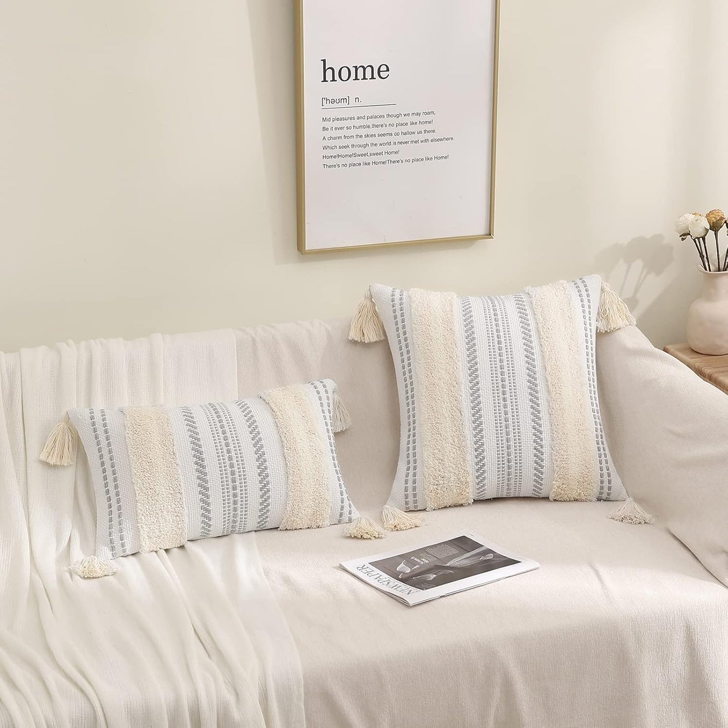 Decorative Boho Throw Pillow Covers 18X18 Set of 2, Accent Neutral Textured Tufted Pillow Covers Striped for Couch Bed Sofa Living Room, Beige and Cream White