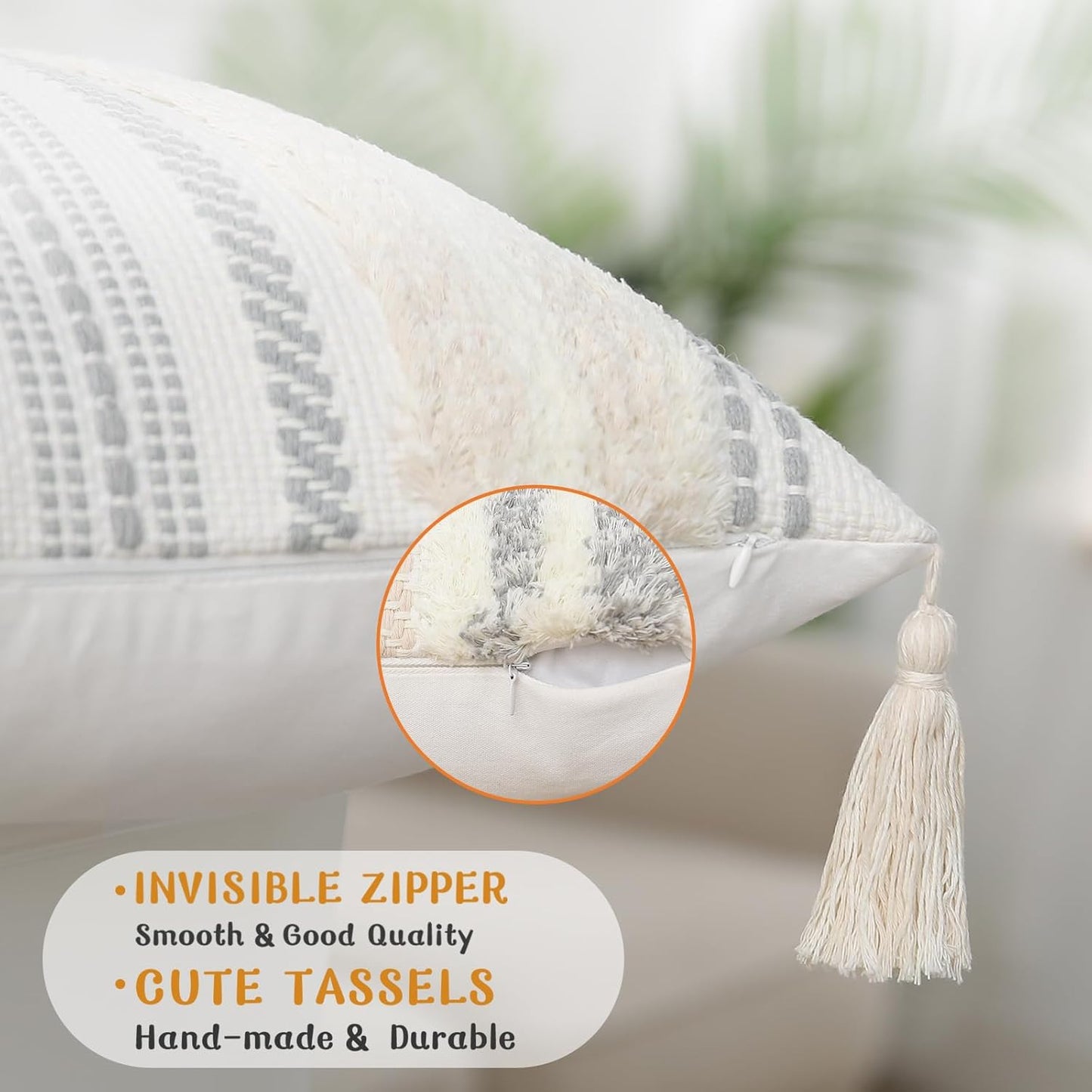 Decorative Boho Throw Pillow Covers 18X18 Set of 2, Accent Neutral Textured Tufted Pillow Covers Striped for Couch Bed Sofa Living Room, Beige and Cream White