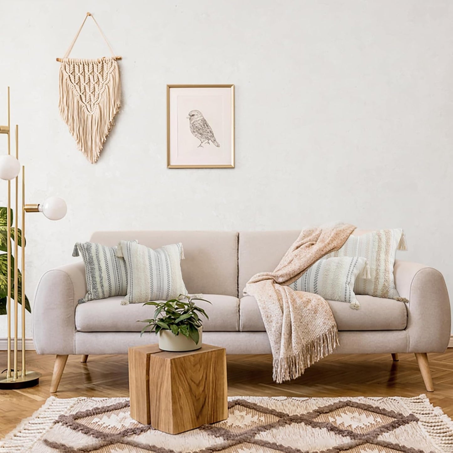 Decorative Boho Throw Pillow Covers 18X18 Set of 2, Accent Neutral Textured Tufted Pillow Covers Striped for Couch Bed Sofa Living Room, Beige and Cream White