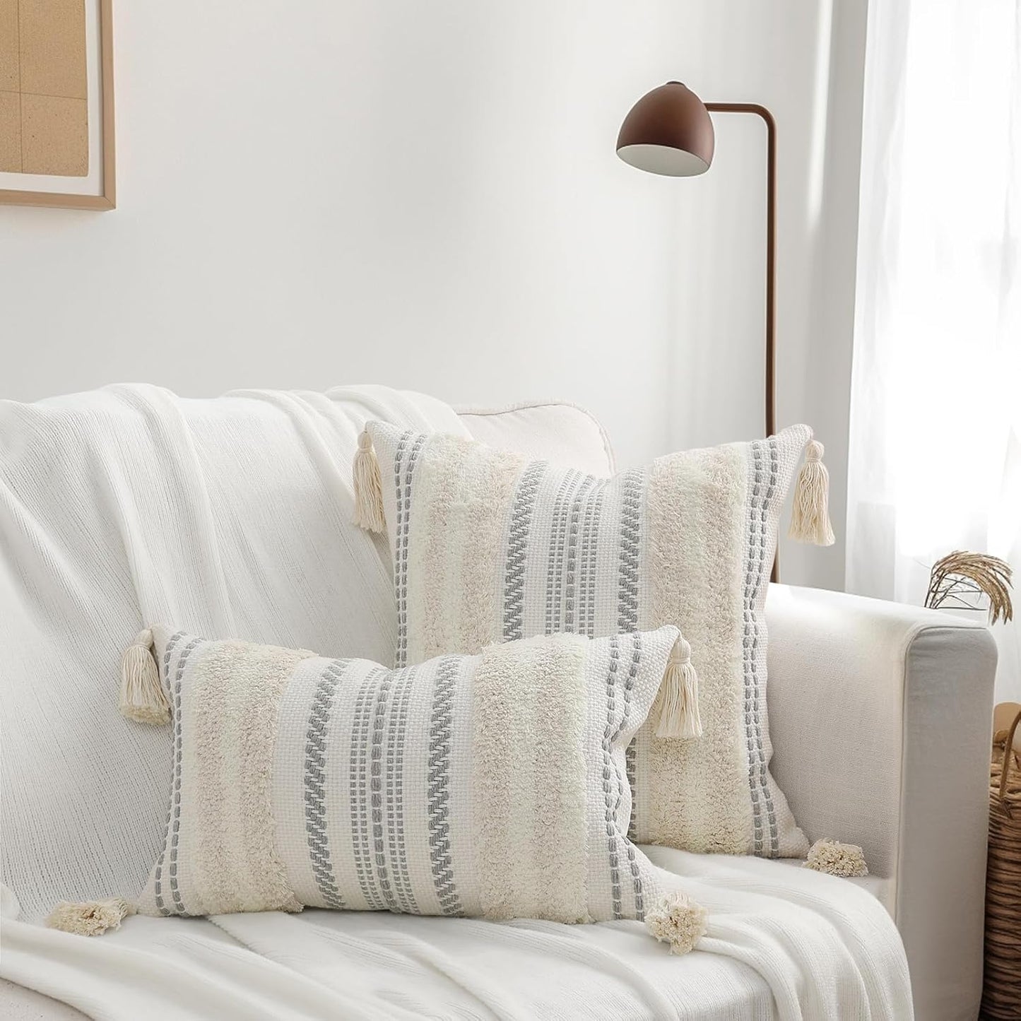Decorative Boho Throw Pillow Covers 18X18 Set of 2, Accent Neutral Textured Tufted Pillow Covers Striped for Couch Bed Sofa Living Room, Beige and Cream White