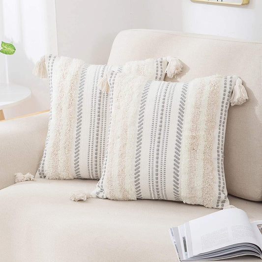 Decorative Boho Throw Pillow Covers 18X18 Set of 2, Accent Neutral Textured Tufted Pillow Covers Striped for Couch Bed Sofa Living Room, Beige and Cream White
